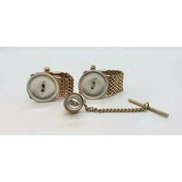 Vintage Hickok CuffLink Tie Tack Set Gold Mesh Wrap around MCM 60s Button Accent - Picture 4 of 8